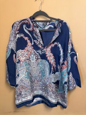 Chelsea & Theodore Navy Paisley Split-Neck Tunic with Teal and Coral Accents